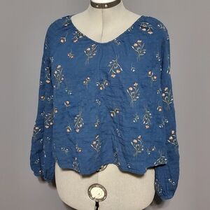 ANA A New Approach Blue Peasant Shirt Womens Size L Floral Puffy Sleeves Cropped